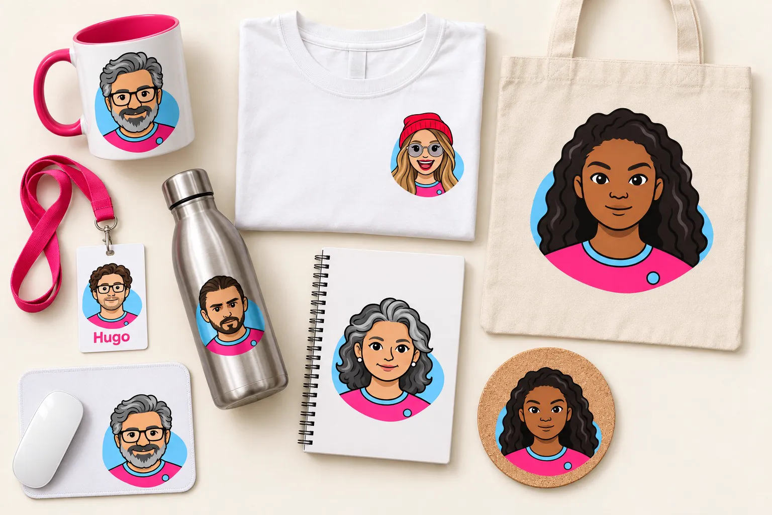 Mug, t-shirt, badge, gourde, carnet, tote bag, tapis de souris et dessous de verre, chacun avec un portrait de l'équipe Bloop.