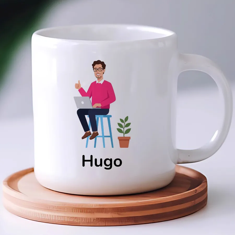 Un mug avec le portrait de Hugo en style Corpo.