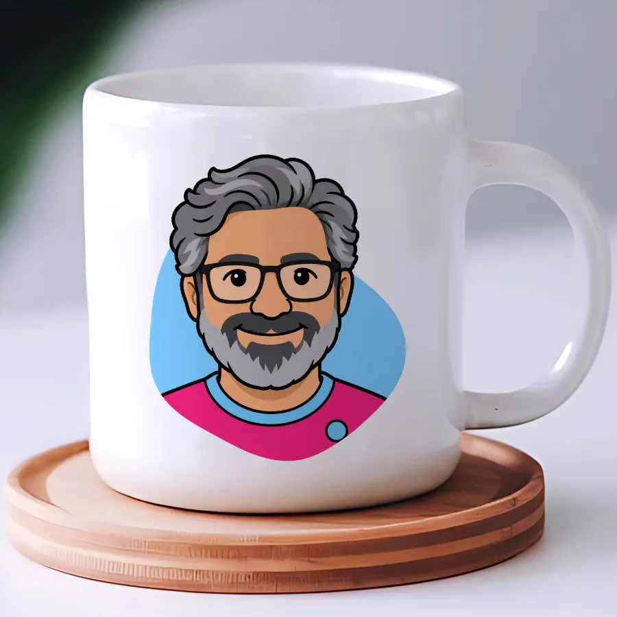 Un mug avec le portrait de Marc en style Halo.