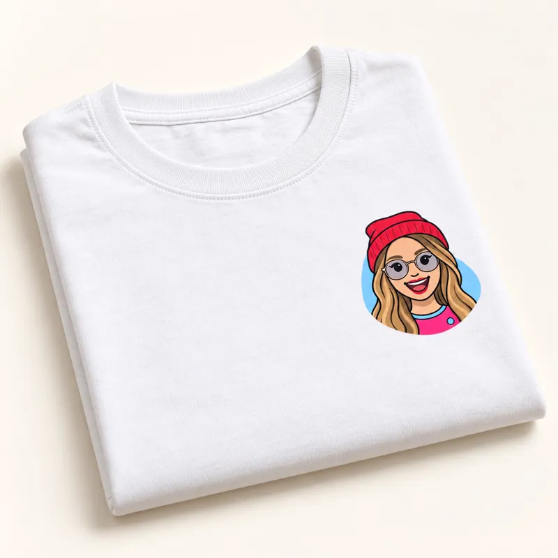Un t-shirt blanc plié, un portrait imprimé côté cœur.